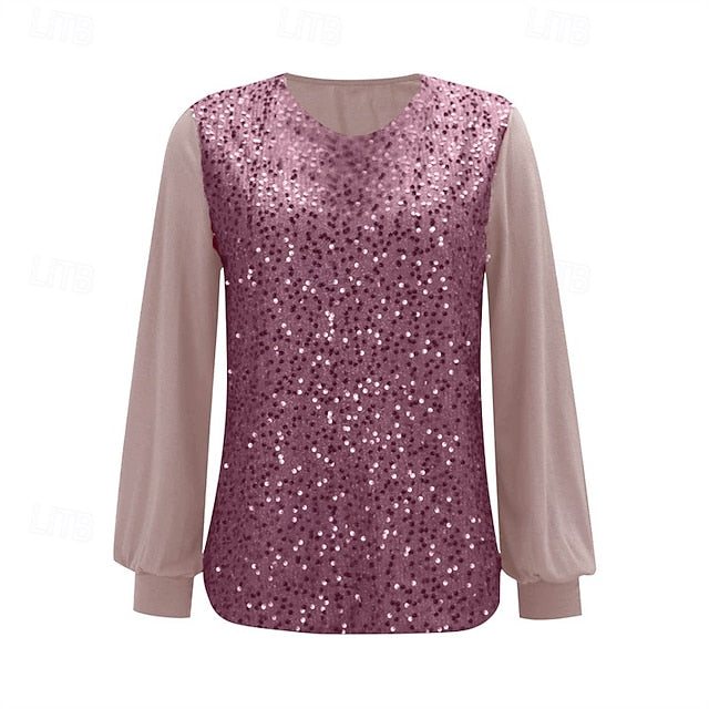 Women's T Shirt Tee Top Sequins Patchwork Solid Color