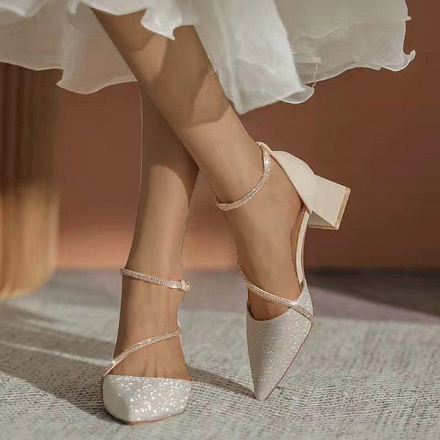 Pointed with Toe Glitter Women's Mesh Ankle Heels Block