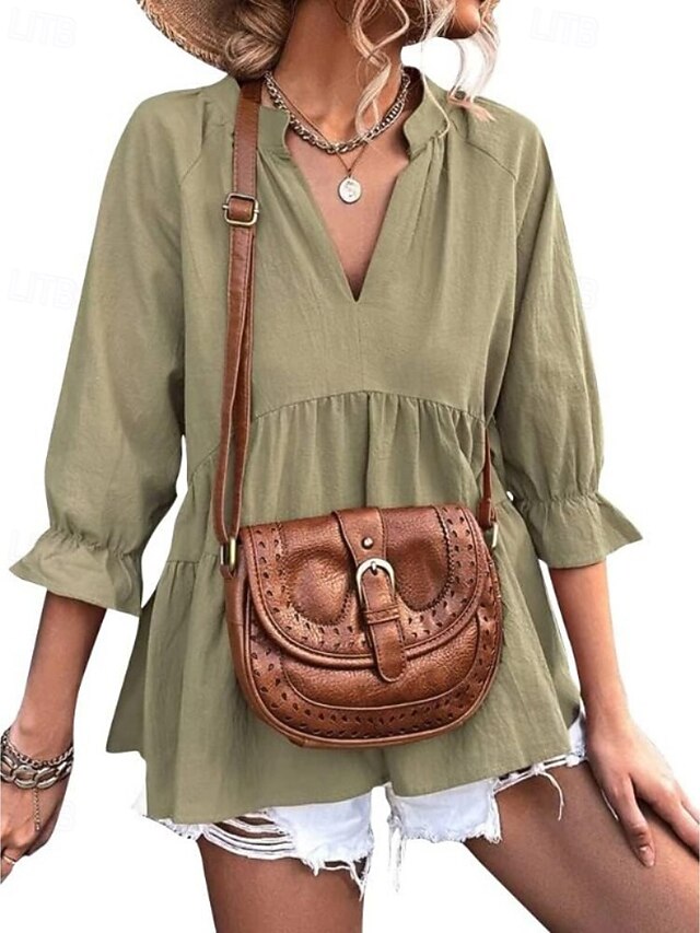 Women's Shirt Blouse Ruched Plain Casual Long Sleeve V Neck