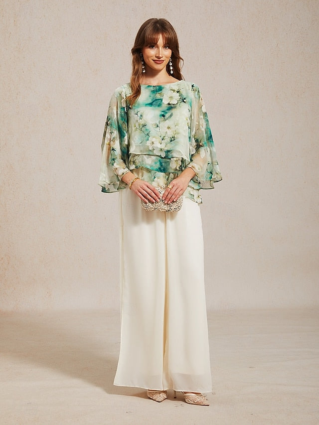 Women's Chiffon Tops Lace up Floral Elegant 3/4 Length