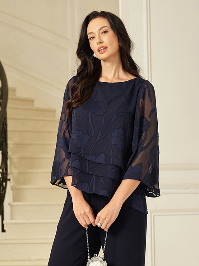 Women's Sheer Blouse Chiffon Tops Lace Asymmetric Hem