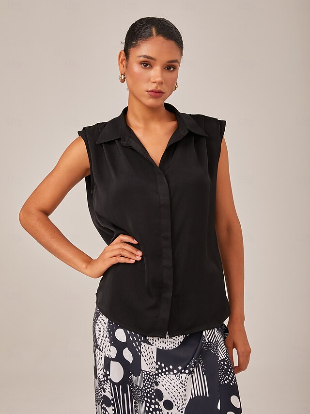 Satin Casual Solid Sleeveless Collared Shirt