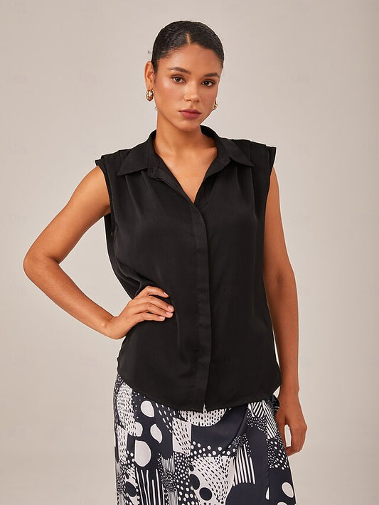Satin Casual Solid Sleeveless Collared Shirt
