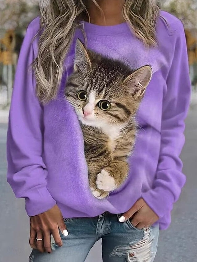 Women's Pullover Sweatshirt Graphic Animal Cat Casual Long