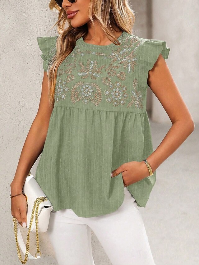 Women's T Shirt Tee Top Embroidered Floral Bohemia Vintage