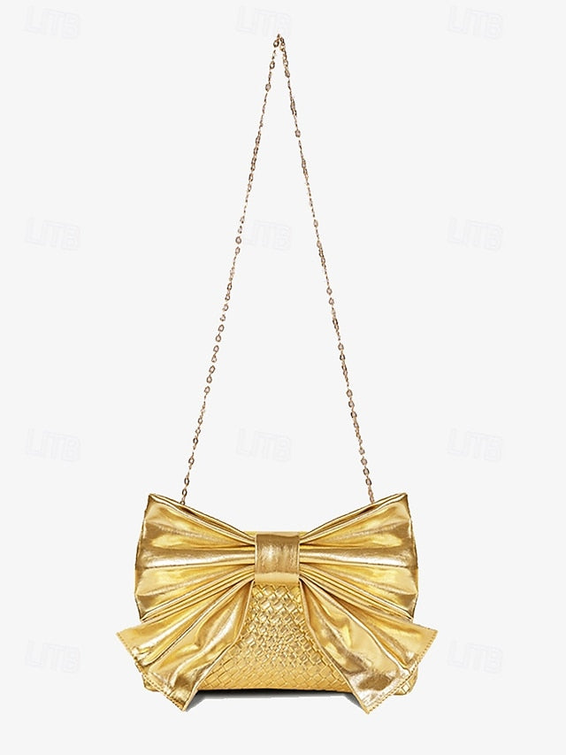 with Faux Leather Clutch Bow Gold Bag Oversized Women's