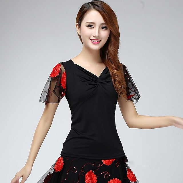 Latin Dance Ballroom Dance Top Embroidery Ruching Paillette