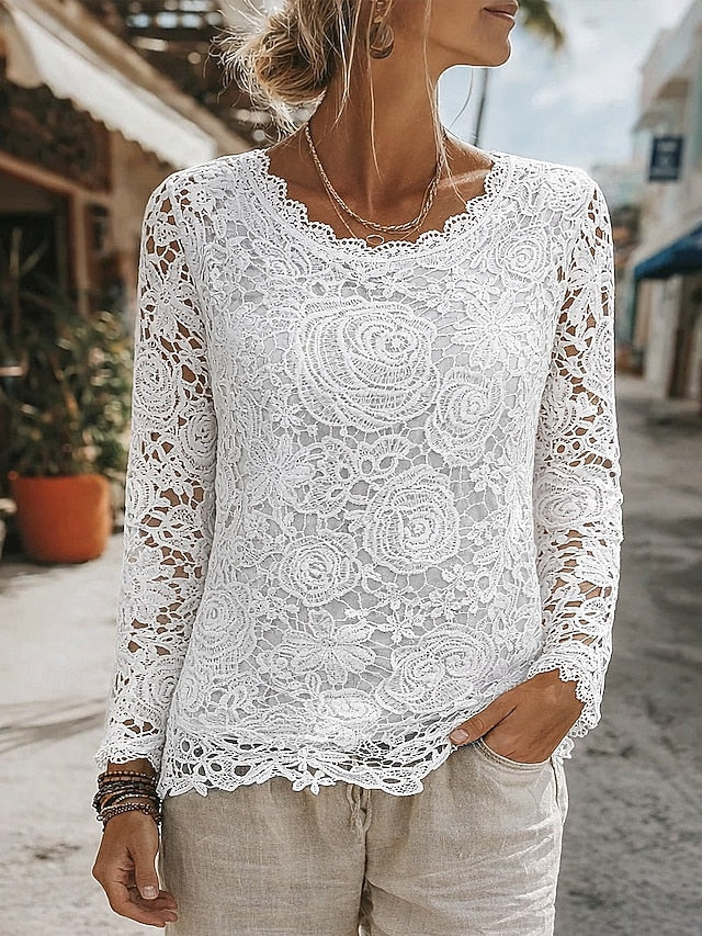 Women's Blouse Lace Solid Color Elegant Stylish Casual Long