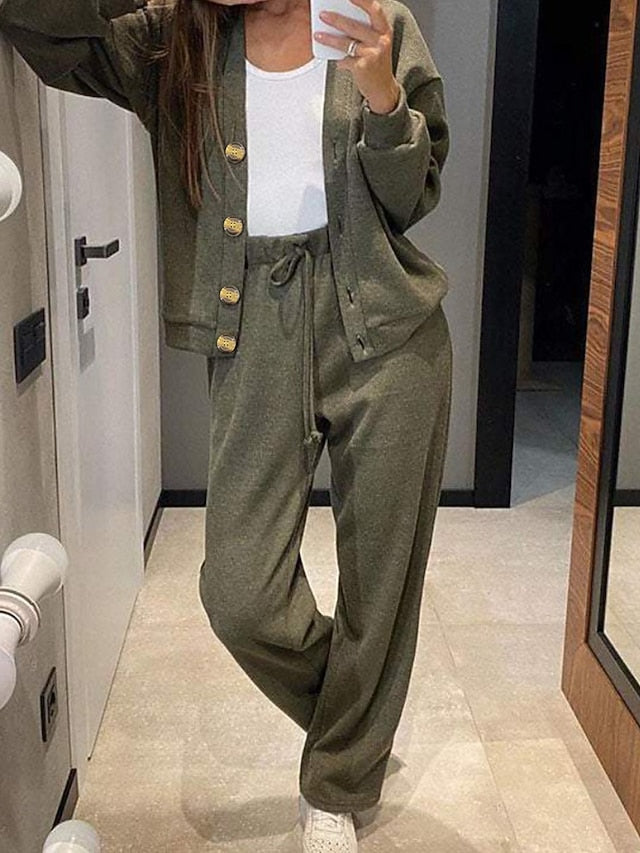Women's Blouse Pants Sets Long Sleeve V Neck Solid Color