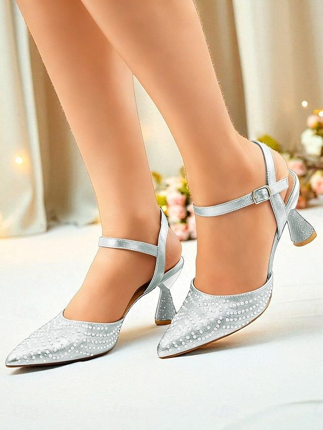 Women's Red Toe Rhinestone Pointed Heels Slingback