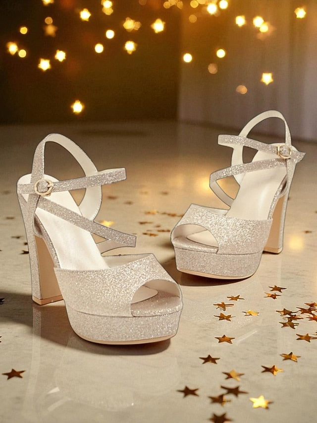 with Glitter High Platform Heel Women's Sandals Ankle Strap