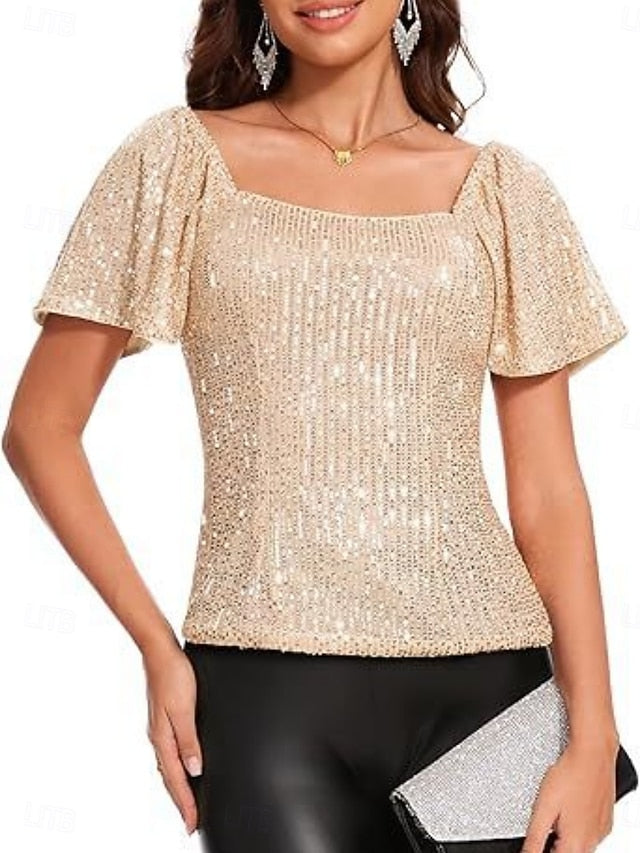 Women's Dress Shirt Blouse Sequin Tops Glitter Solid Color