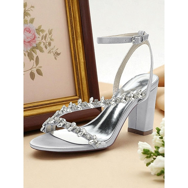 with Rhinestone White Sandals - Block Straps Women's Heel