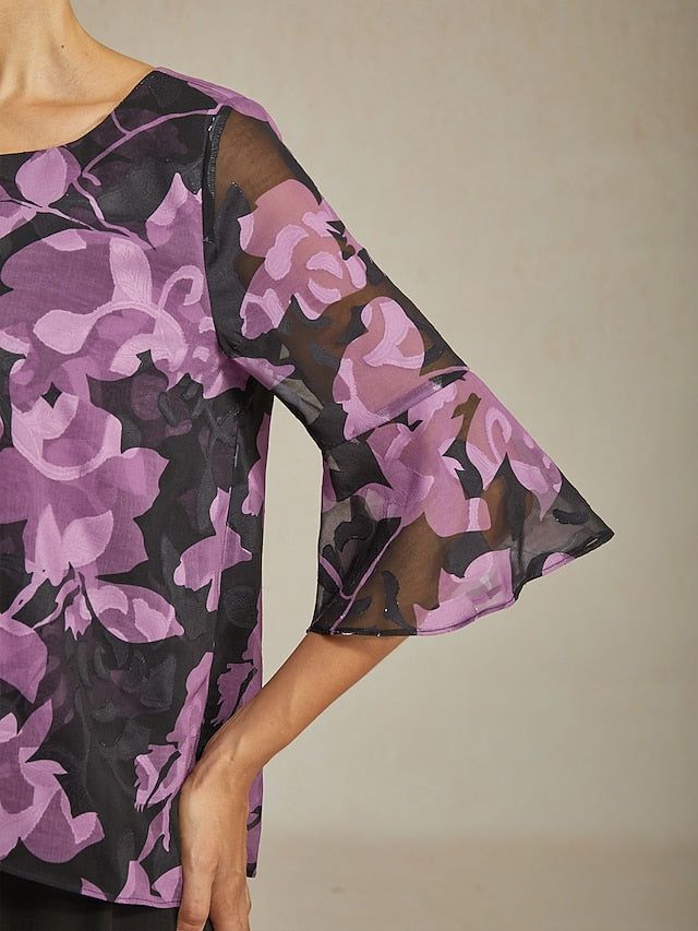 Women's Chiffon Burnout Top Black Purple Round Neck Casual