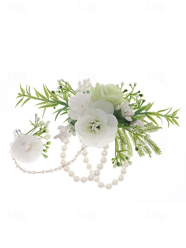 White – Elegant Wrist with Hand Set Floral Pearls Jewelry and