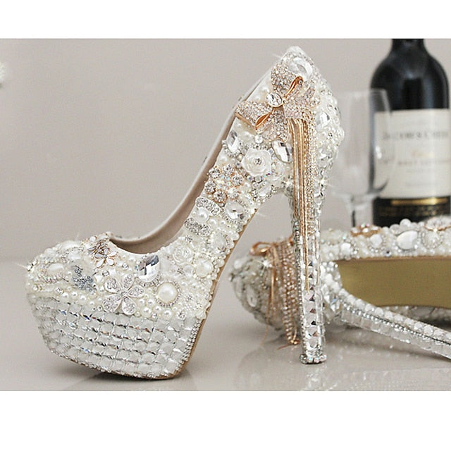 and Platform Rhinestone Women's White Embellished Pearl
