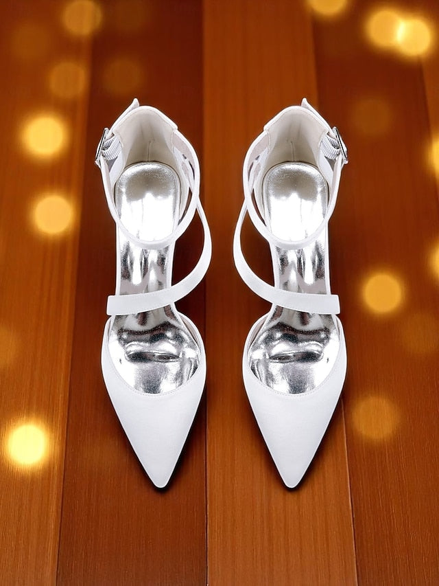 Women's Pointed Heels Toe Satin Block Champagne -