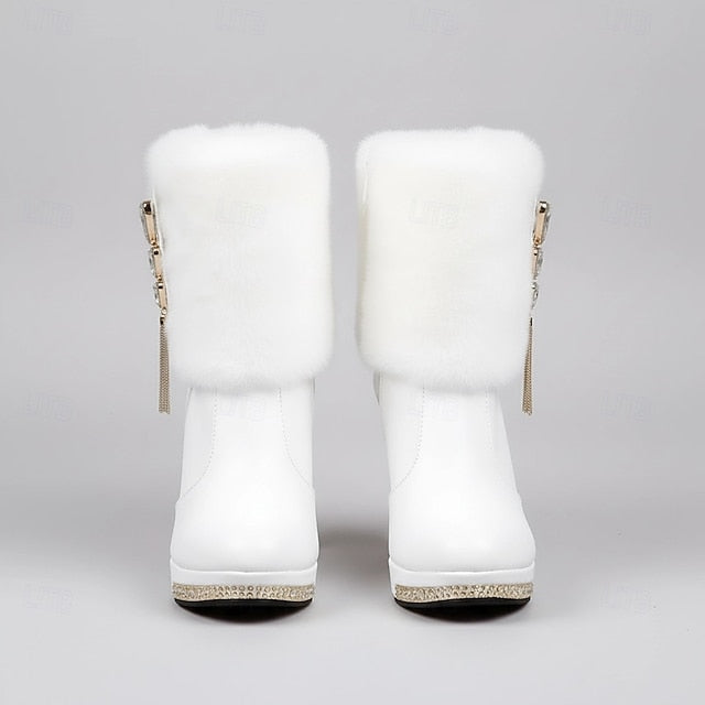Ankle Women's White Fur with Heels Rhinestone Faux - Boots