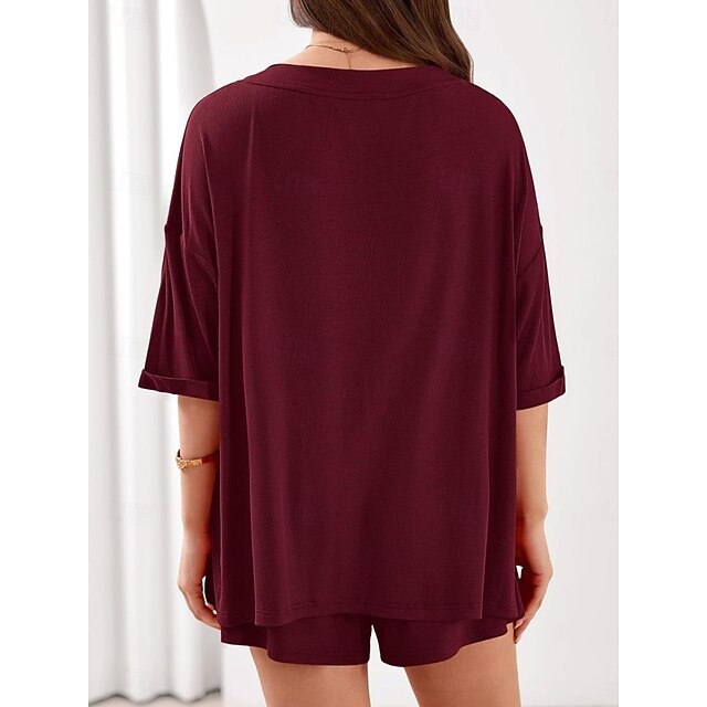 Women's Shorts Sets 3/4 Length Sleeve V Neck Solid Color