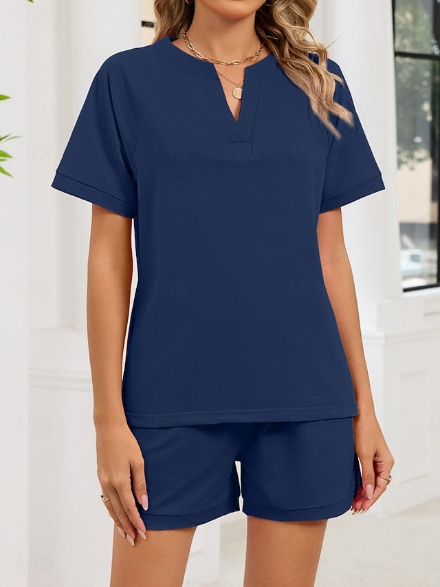 Women's Shorts Sets Short Sleeve V Neck Solid Color Fashion