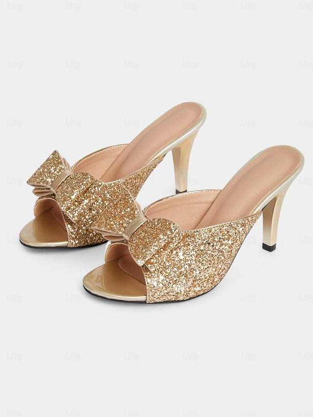 Glitter – Party Gold Women's Glamorous Bow Mules Stiletto