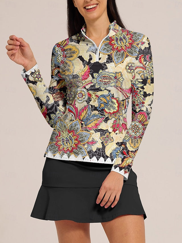 Women's Golf Polo Shirt Light Yellow Blue Long Sleeve Top