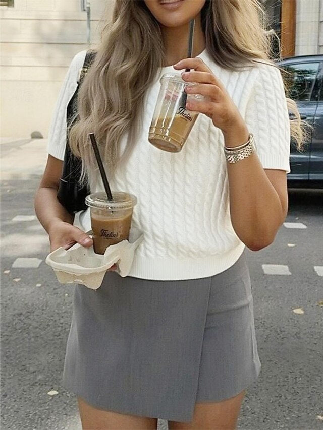 Women's Cable Knit T-Shirt Tee Top Elegant Stylish Casual