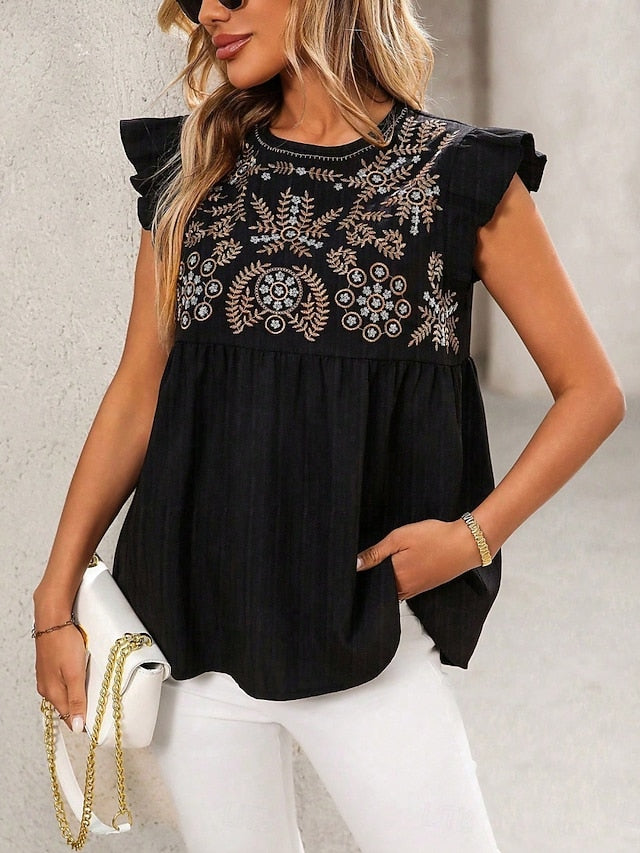 Women's T Shirt Tee Top Embroidered Floral Bohemia Vintage