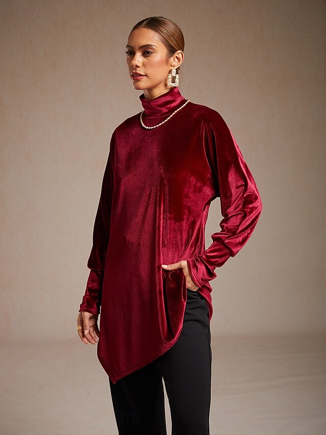 Christmas Women's Velvet Dressy Tops Asymmetric Elegant
