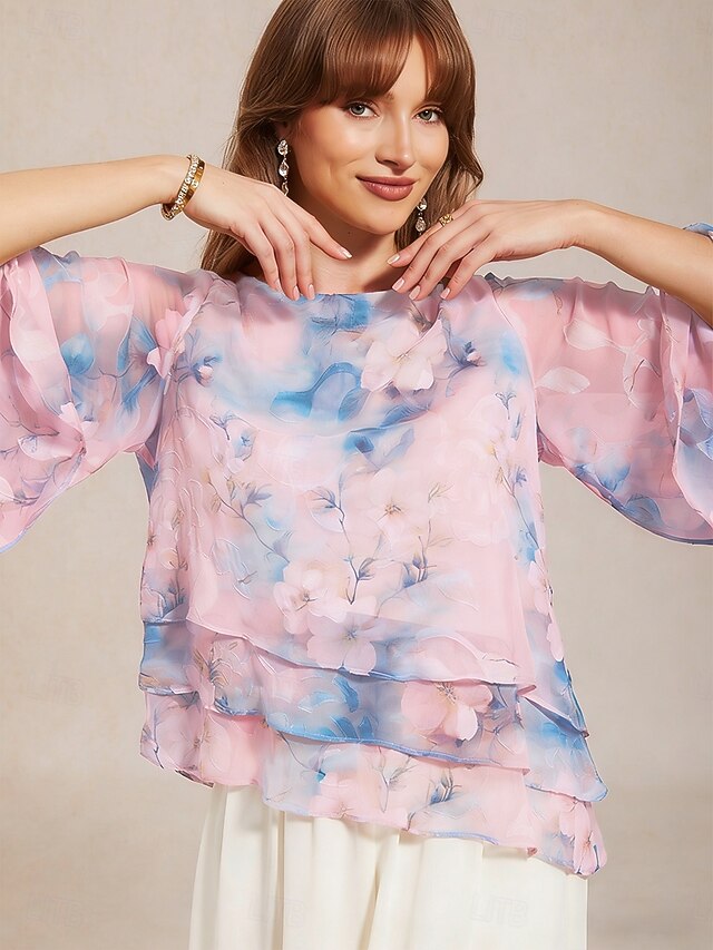 Women's Sheer Blouse Chiffon Tops Layered Floral Elegant