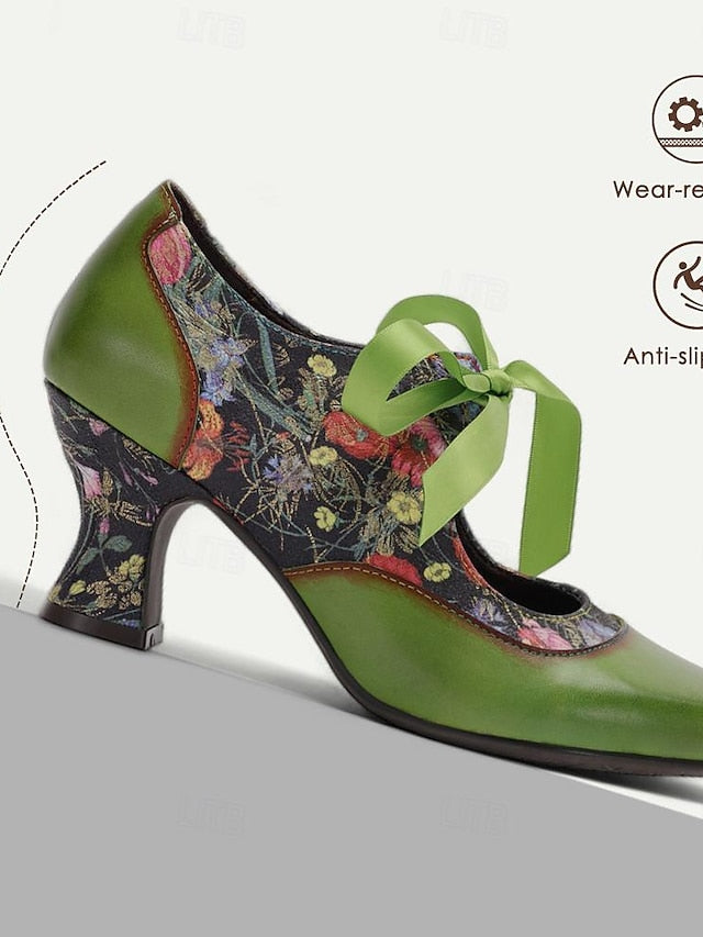 Floral Women's Green Jane Leather with Mary Print Heels