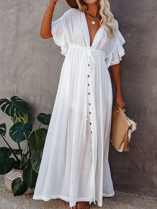 Women's Maxi Dress Faux Cotton Linen White Dress Swing