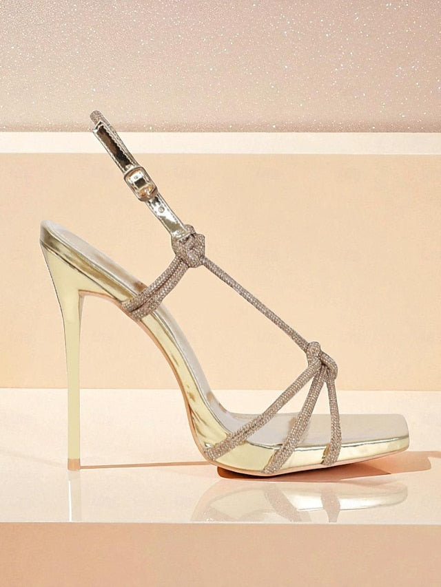 Toe with Heels Rhinestone Women's Stiletto Strappy Square