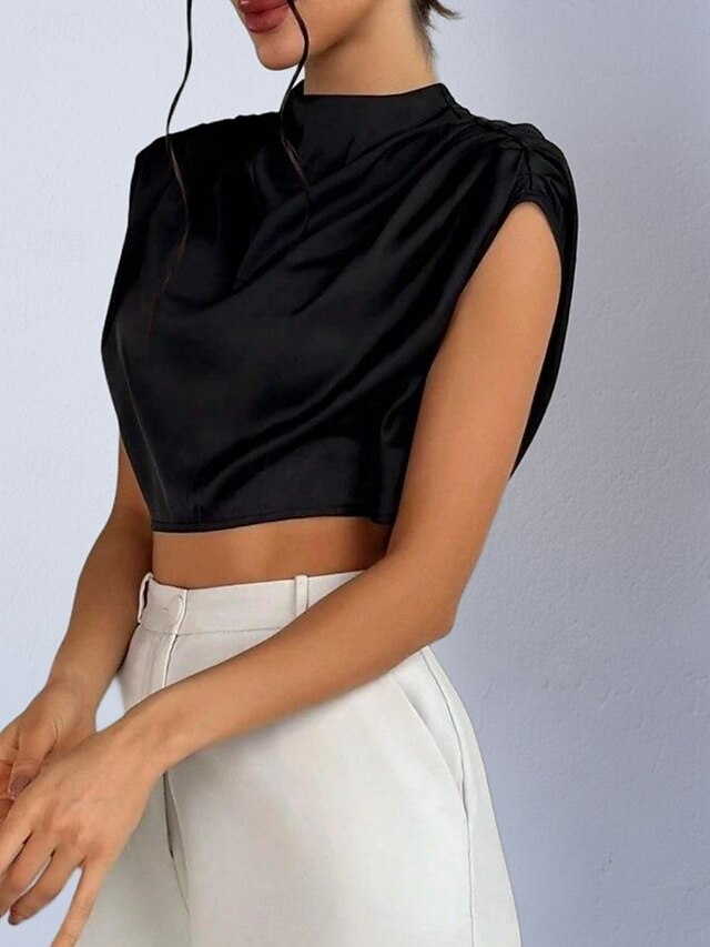 Women's Shirt Satin Shirt Blouse Wrap Crop Top Ruched Plain