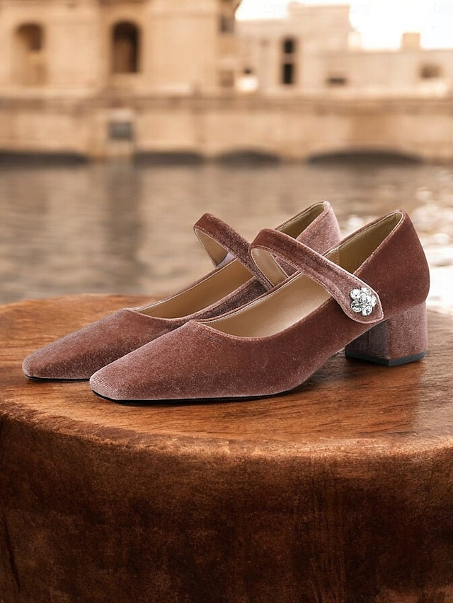 Green Women's Mary - Jane Block Toe Velvet Pumps Square