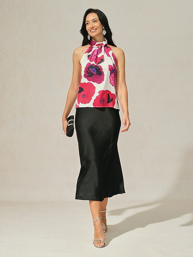 Women's Floral Print Halter Top Shirt Tank Top Casual Stain