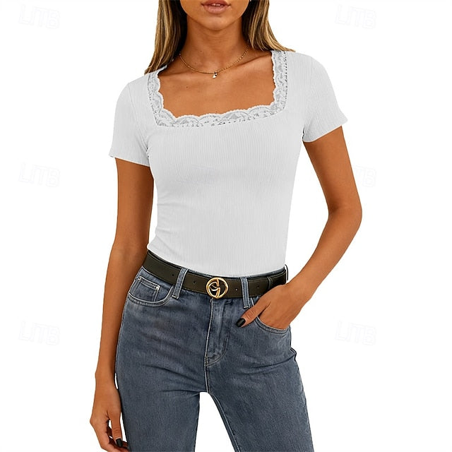 Women's T Shirt Summer Tops Lace Patchwork Plain Elegant