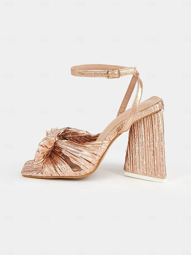 and Detail Rose with Knot Heel Sandals Gold Textured Block