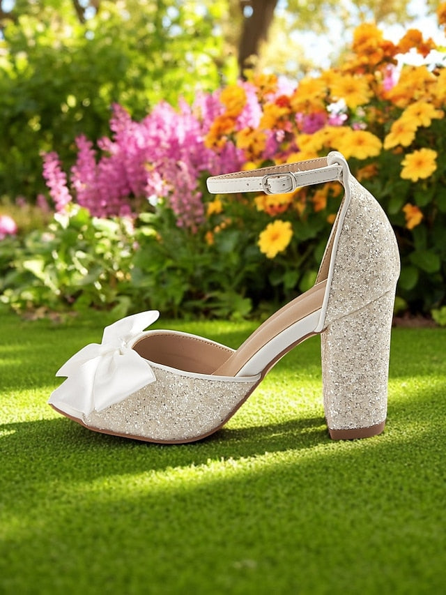 White Ankle with Block Women's Sandals Heel Glitter Wedding