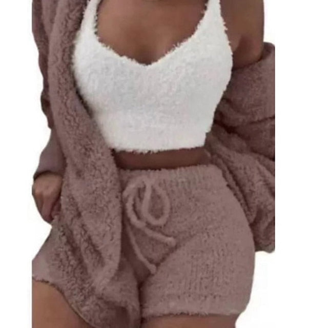 Warm Fuzzy Pajama Set 3PCS Long Sleeve Hooded Robe & Tank