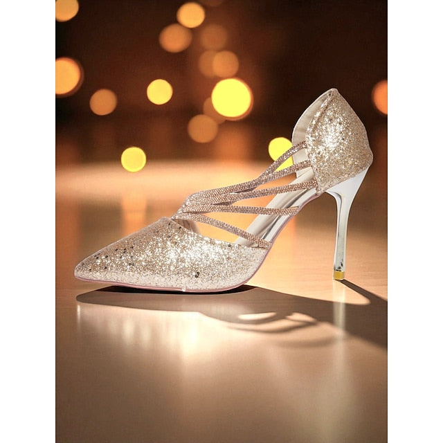 Gold Women's Toe Glitter High Strappy Pointed Heels -