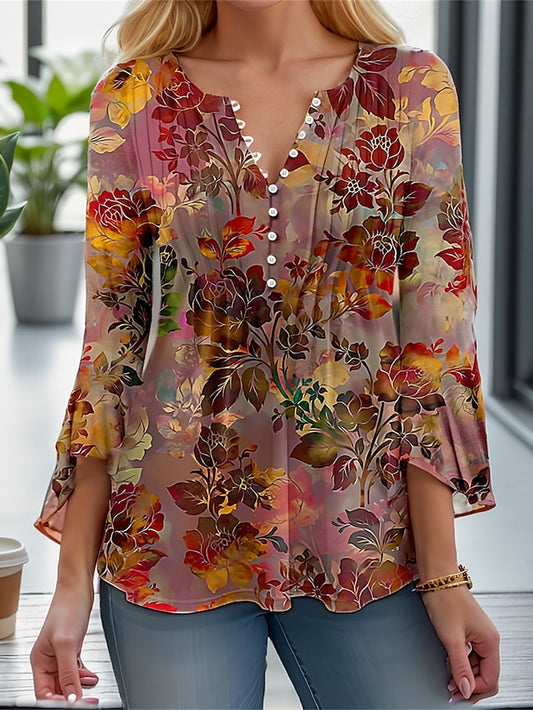 Women's T Shirt Henley Blouse Fashion Floral Buttons Print