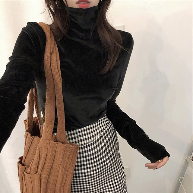 Women's Velvet Elegant Dressy Blouse Solid Color Plain