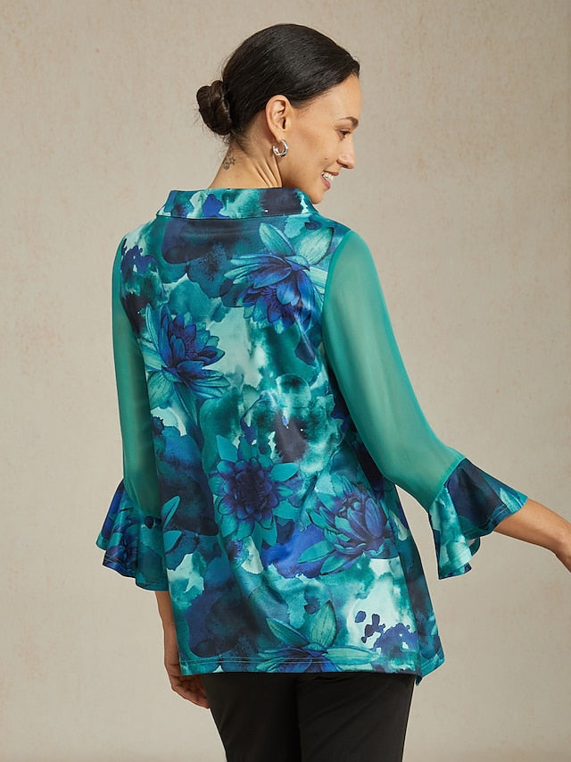 Women's Blouse Green Tie Dye Floral Stretch Knit Pullover