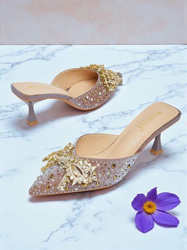 Glitter Slip-On Rhinestone Mules Women's Toe - Pointed