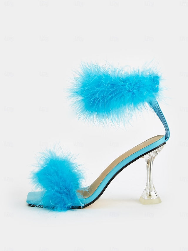 Clear with High Turquoise Feather-Embellished Heel Sandals