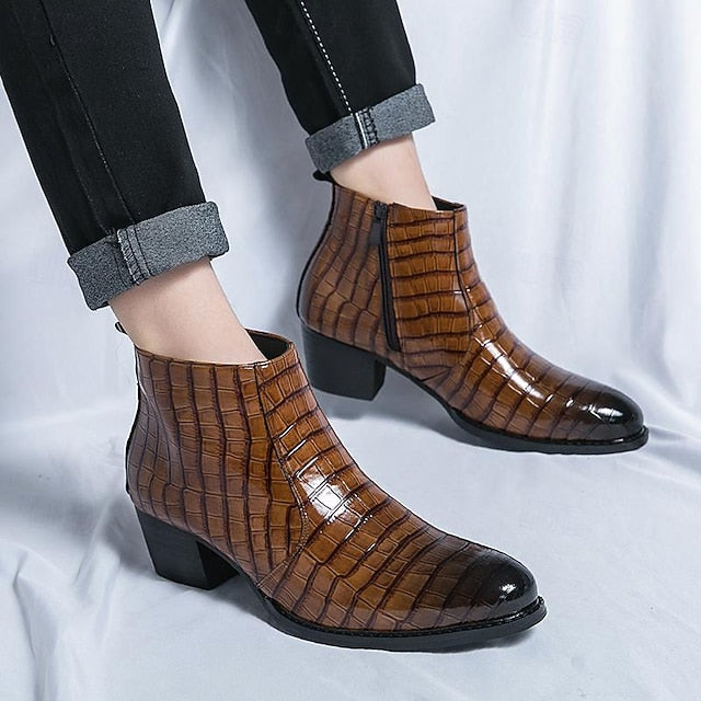 Pattern Brown Boots Crocodile Men's - Ankle Faux Leather