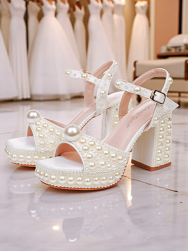 White Sandals Heel Embellished Platform Pearl Block Women's