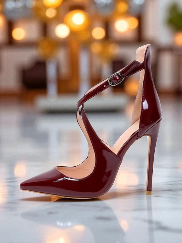 - Stiletto Patent Purple Women's Leather Heels Strappy