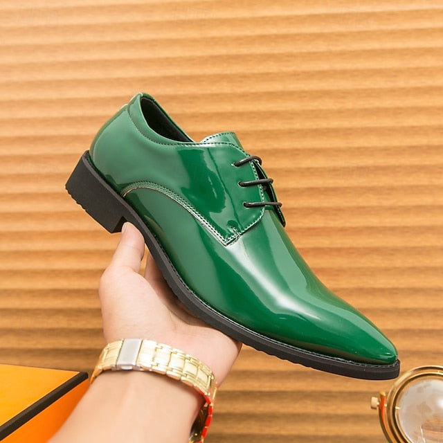 Formal for Green Leather Patent Shoes Glossy Men Lace-Up –